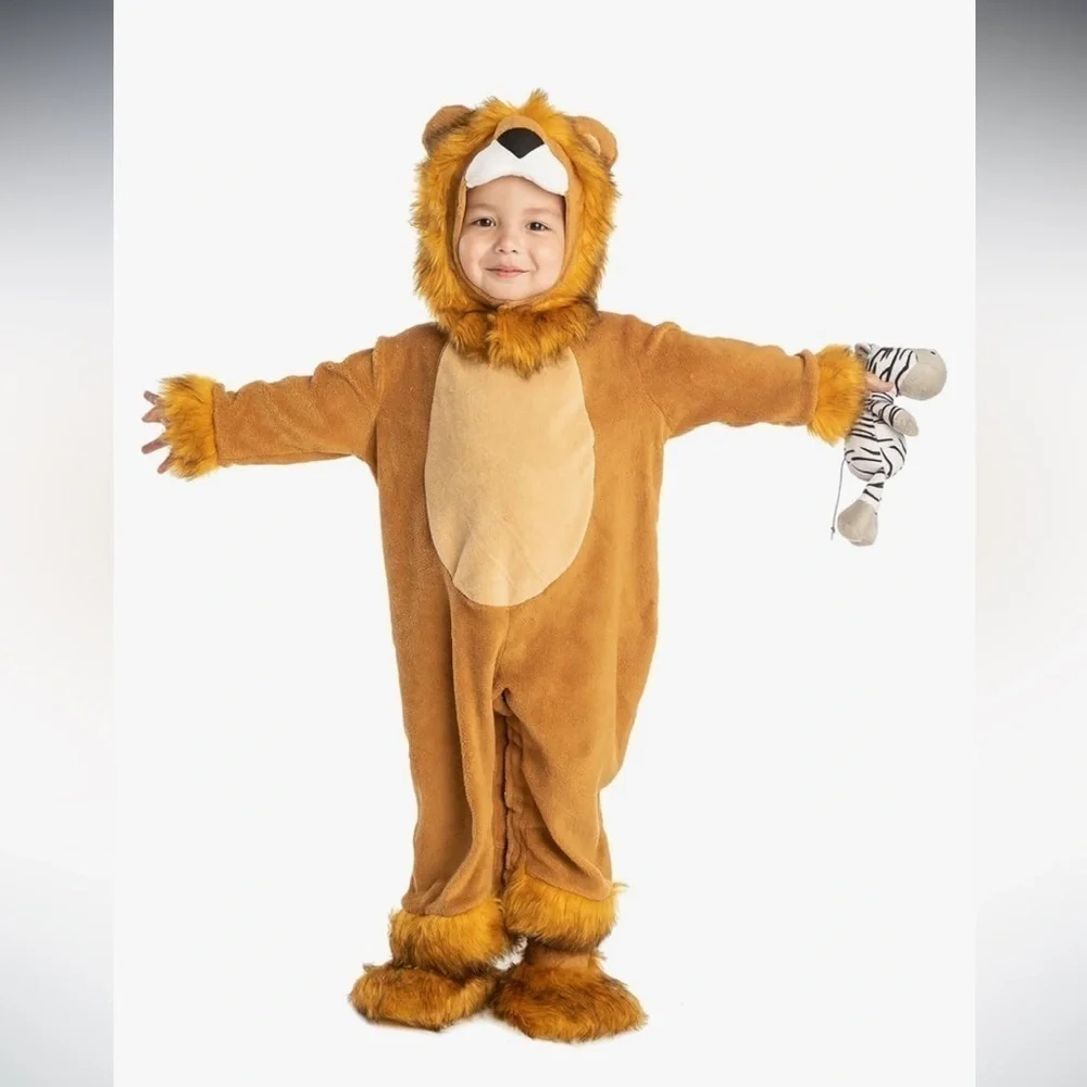 NWT 6-12mo Lion Costume w/Zebra Toy, lion hood, jumpsuit, booties and toy zebra